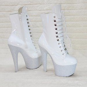 White Hologram Patent White Rhinestone Platform Ankle Boots Bejeweled